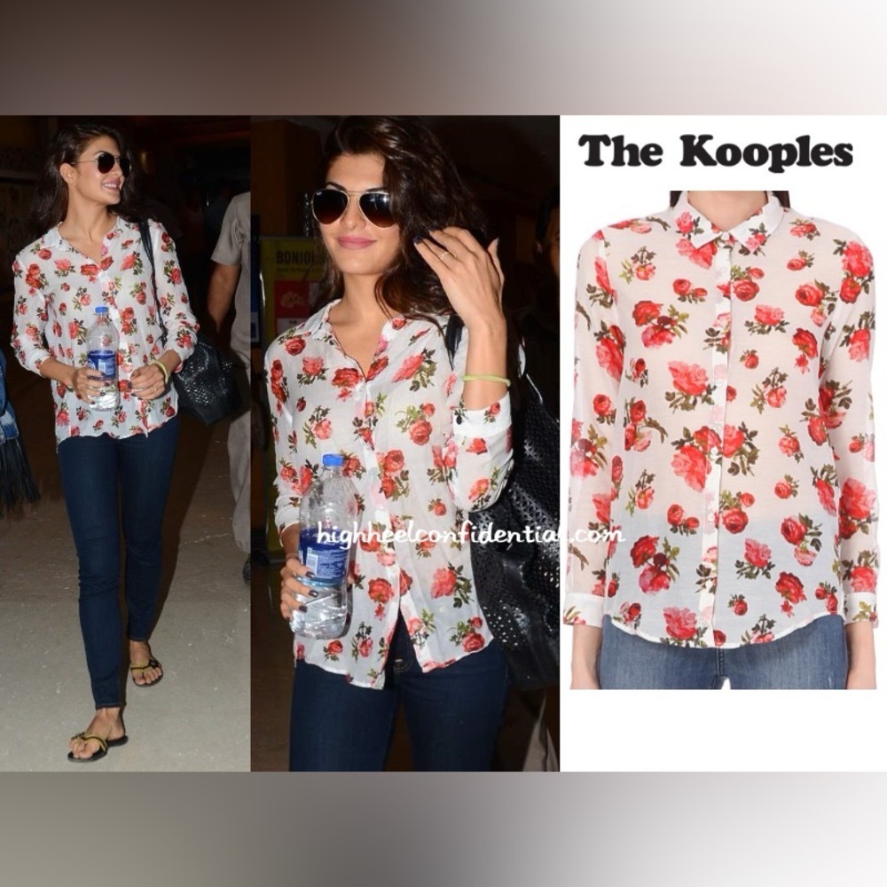 The Kooples White Floral Button-Up Shirt with Red Roses